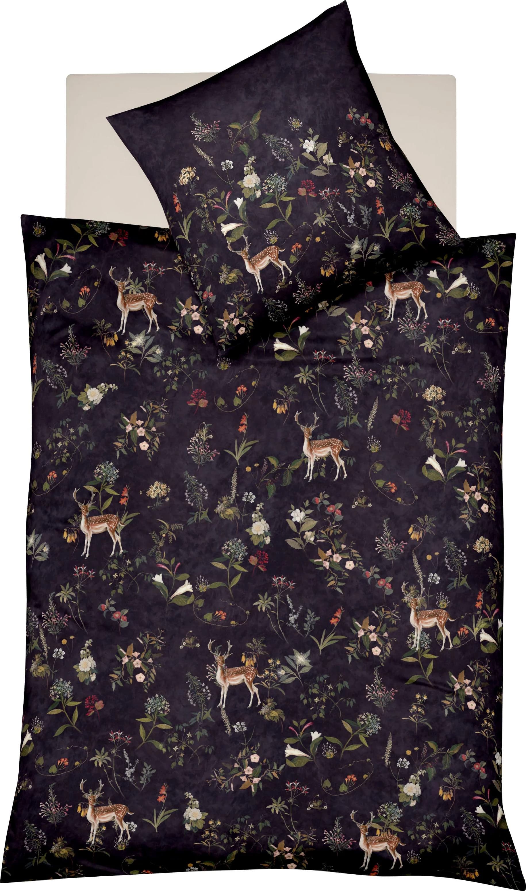 Fleuresse Wendebettwäsche Mako-Satin Schwarz mit Reh-Motiv