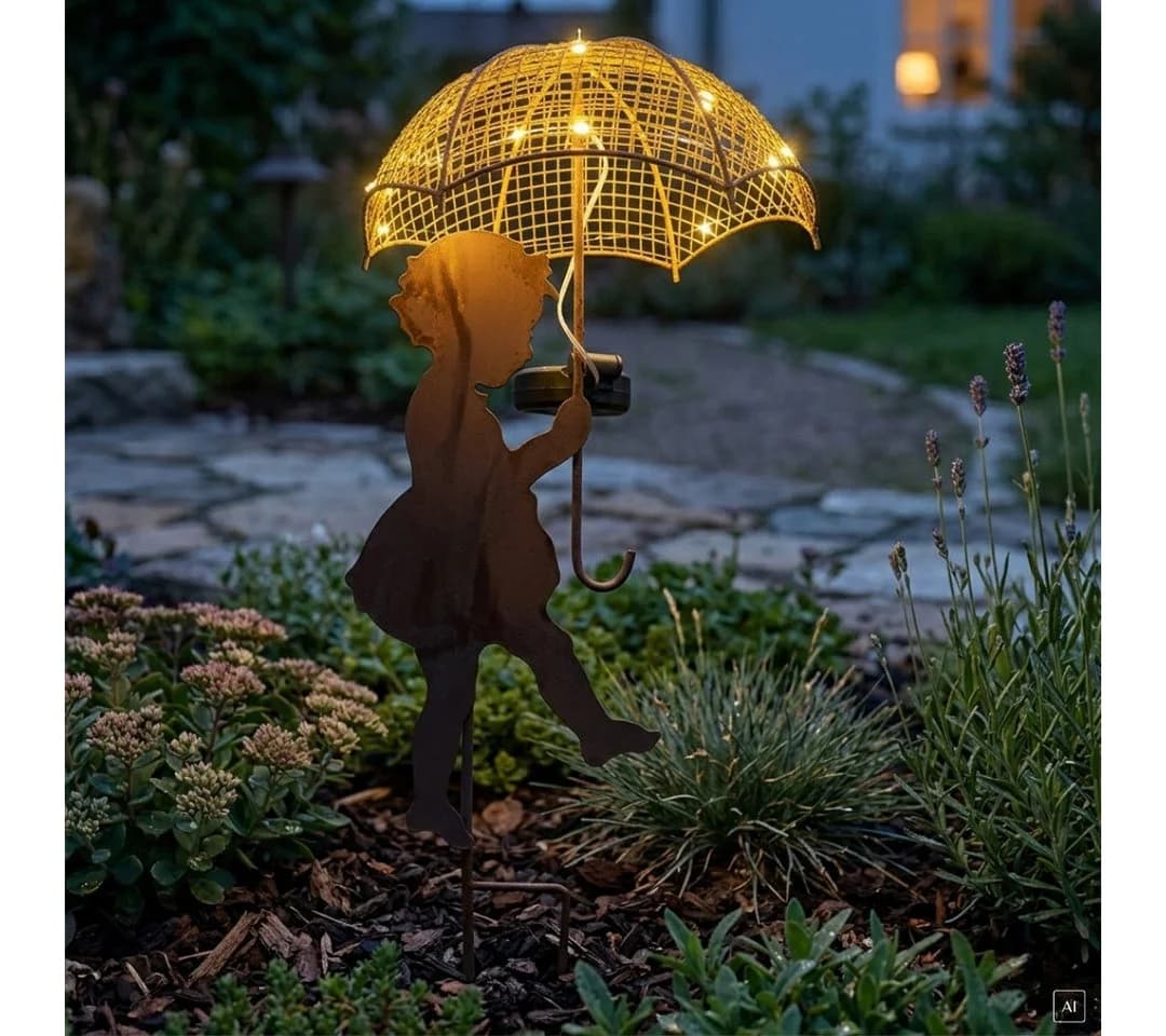 abc HOME LED Gartenleuchte Solar Mädchen Junge mit Regenschirm Rostfarbe - Bild 2