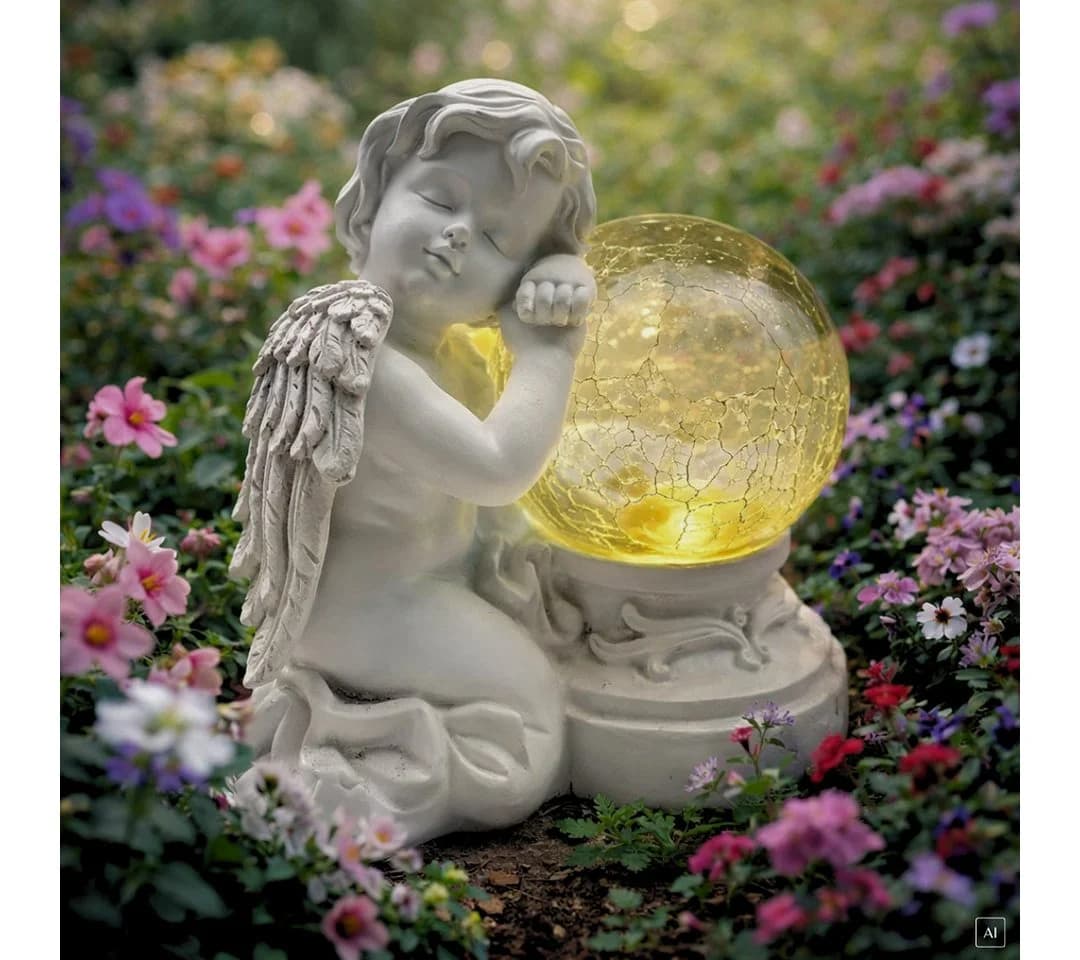 abc HOME Engel mit LED-Beleuchtung und Solarpanel, Polyresin, Crackle-Effekt - Bild 2