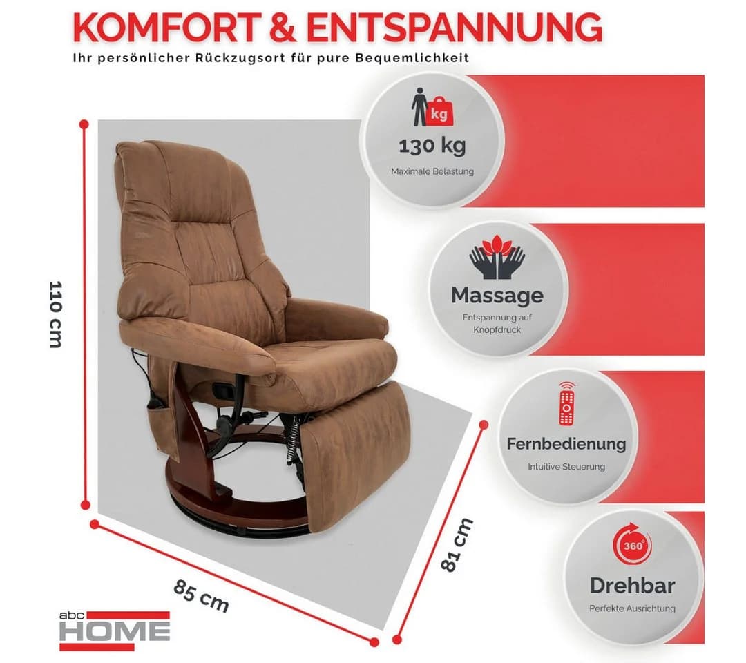 abc HOME Massagesessel Braun mit Fernbedienung, elektrisch, Liegefunktion