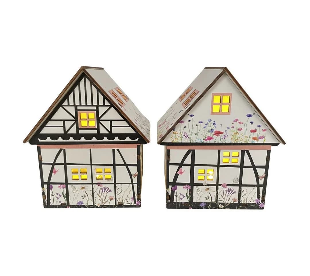 abc HOME LED Dekohäuser 2er Set Holz Blumenwiese & Fachwerk warmweiß - Bild 2