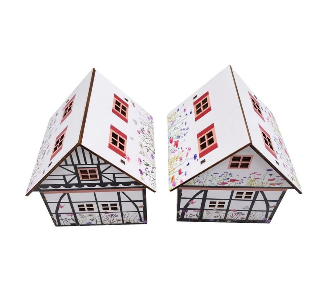 abc HOME LED Dekohäuser 2er Set Holz Blumenwiese & Fachwerk warmweiß - Bild 3