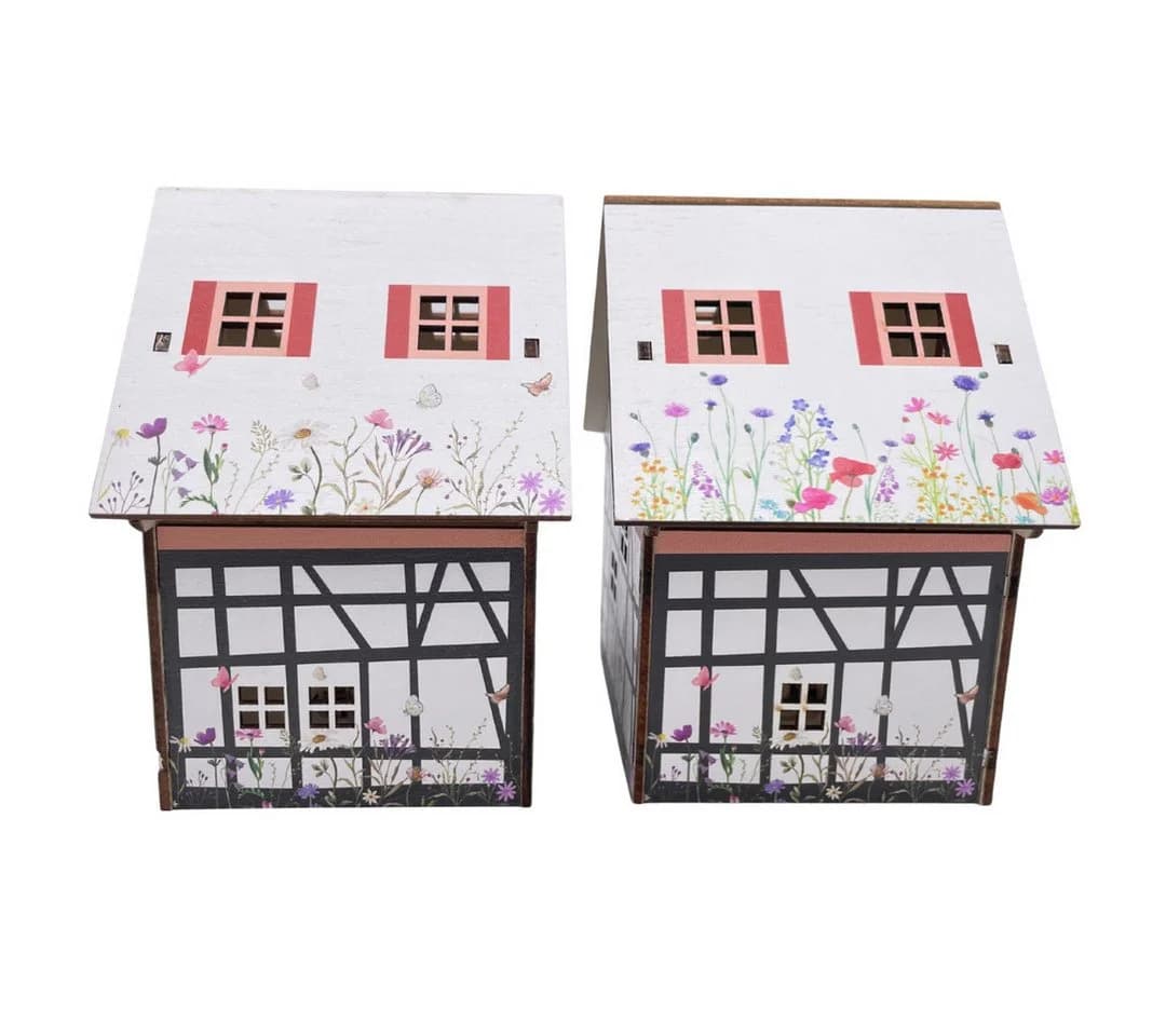 abc HOME LED Dekohäuser 2er Set Holz Blumenwiese & Fachwerk warmweiß - Bild 4