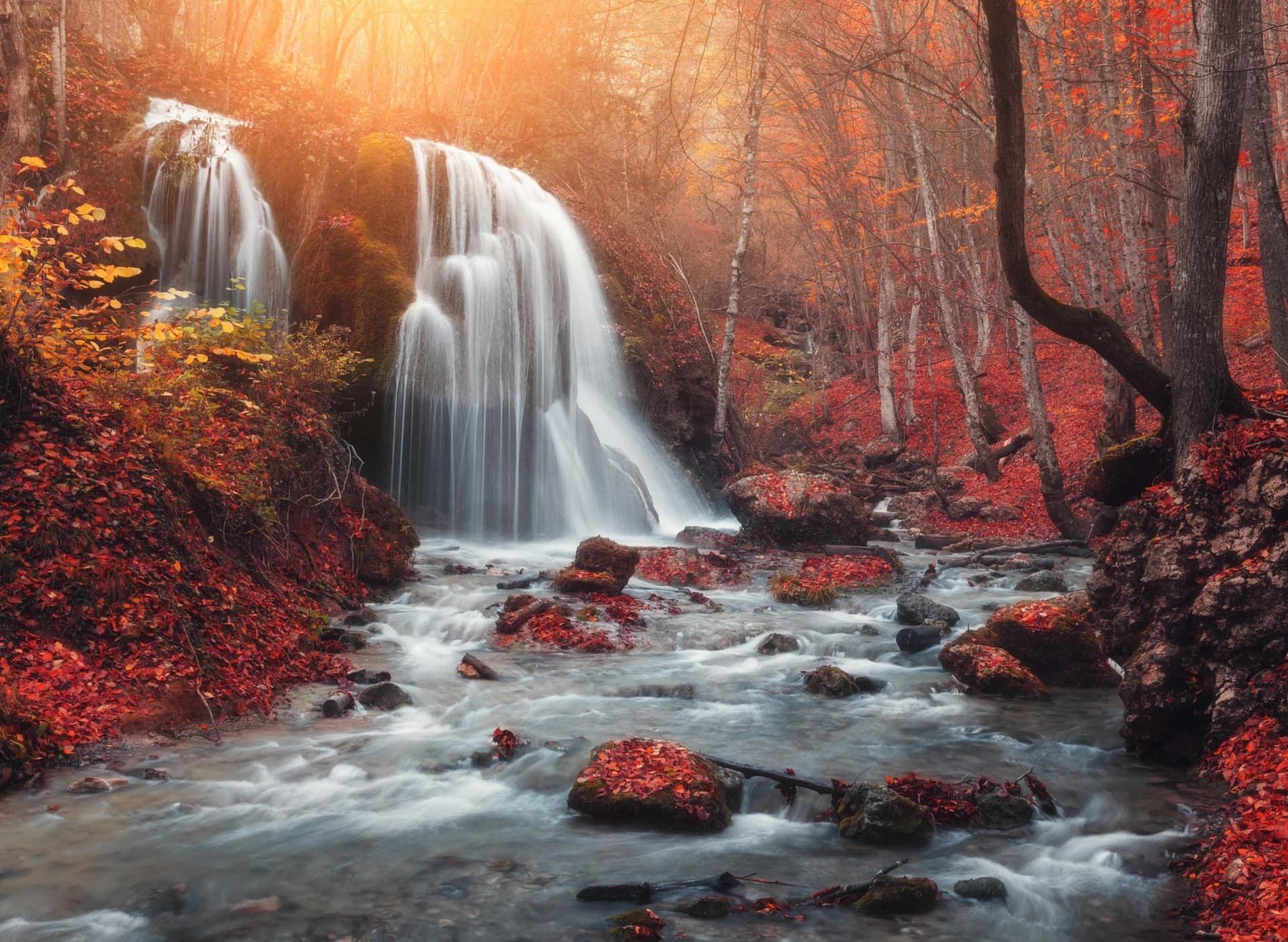 Fototapete PAPERMOON Mountain Sunset Waterfall bunt Vlies