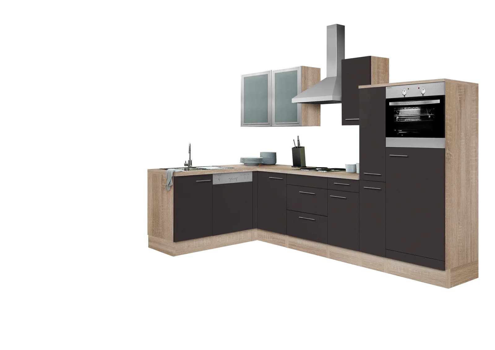 OPTIFIT Kalmar Winkelküche Grau Eichefarben 300cm mit Spüle