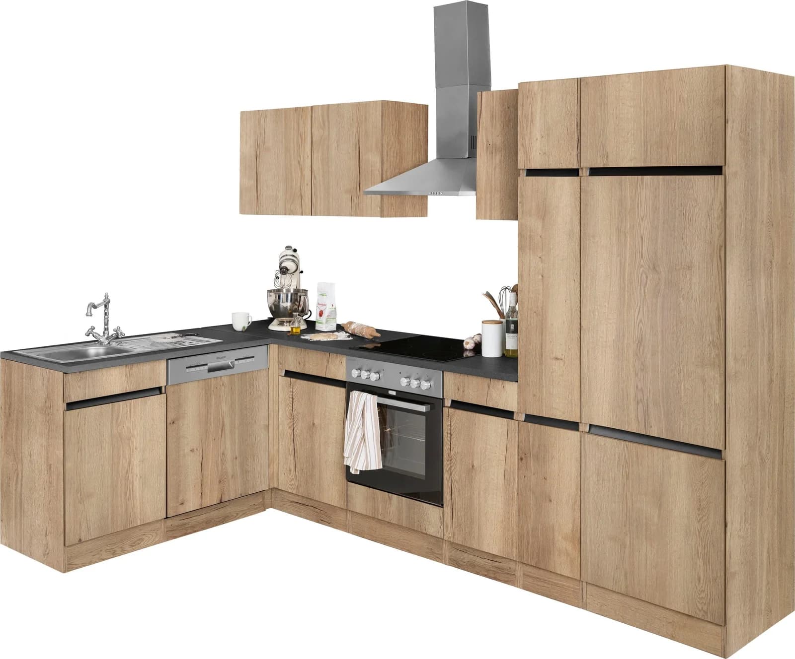 OPTIFIT Winkelküche Roth Beige Anthrazit mit Apothekerschrank