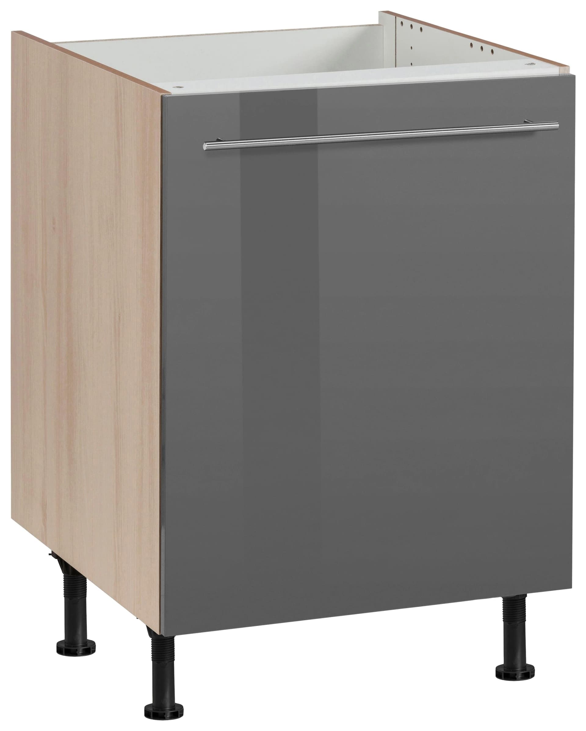 OPTIFIT Spülenschrank Bern Grau Hochglanz mit Metallgriff