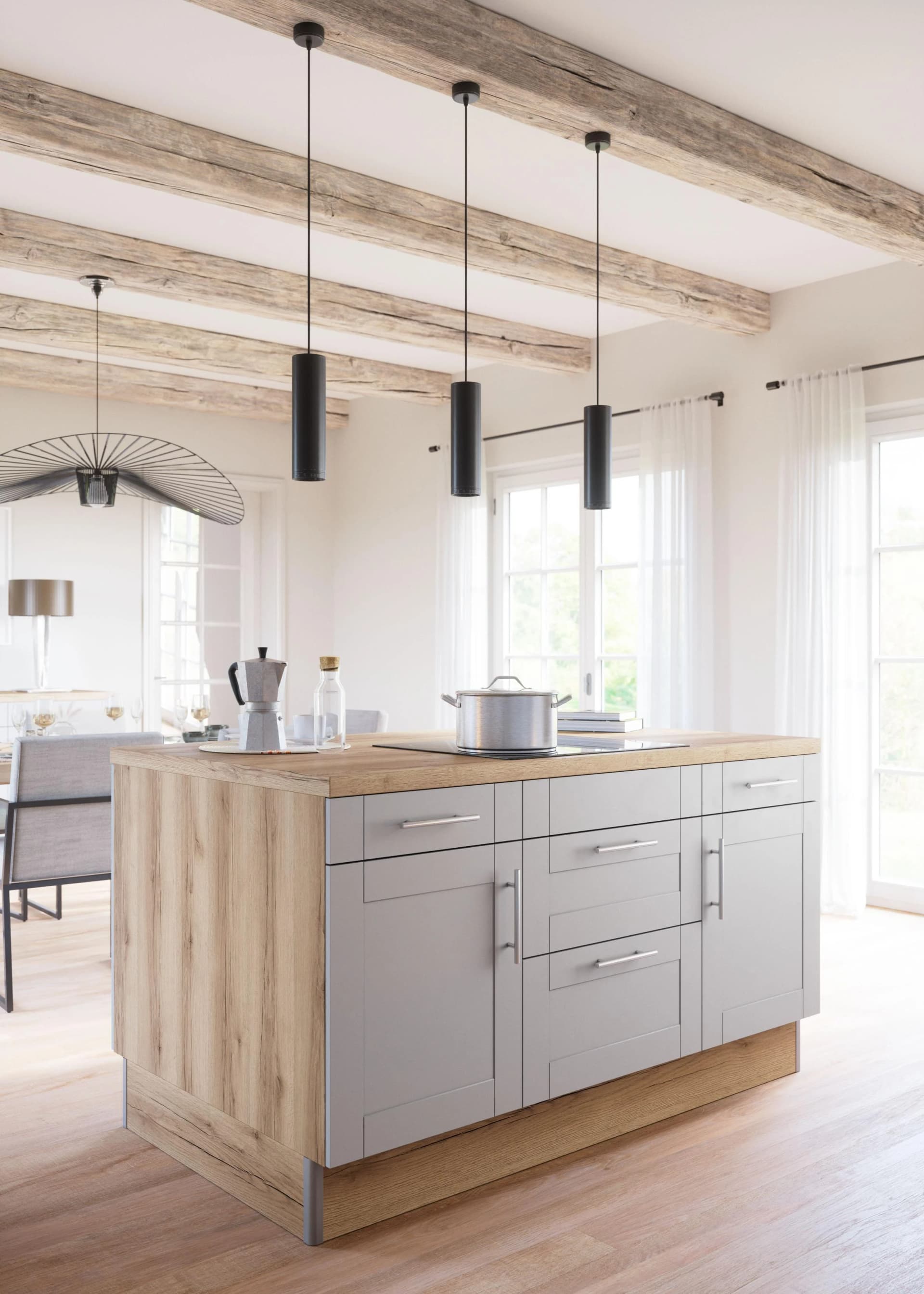 Kochinsel KS-Ahus Grau mit Glaskeramik-Kochfeld und Soft-Close