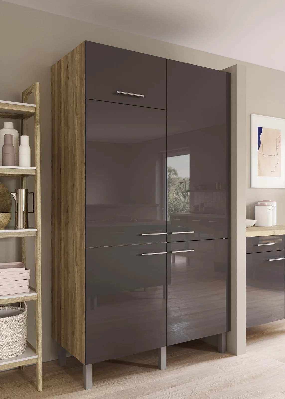 OPTIFIT Pantryküche Lilly Anthrazit Wildeiche 120cm mit Kühlschrank