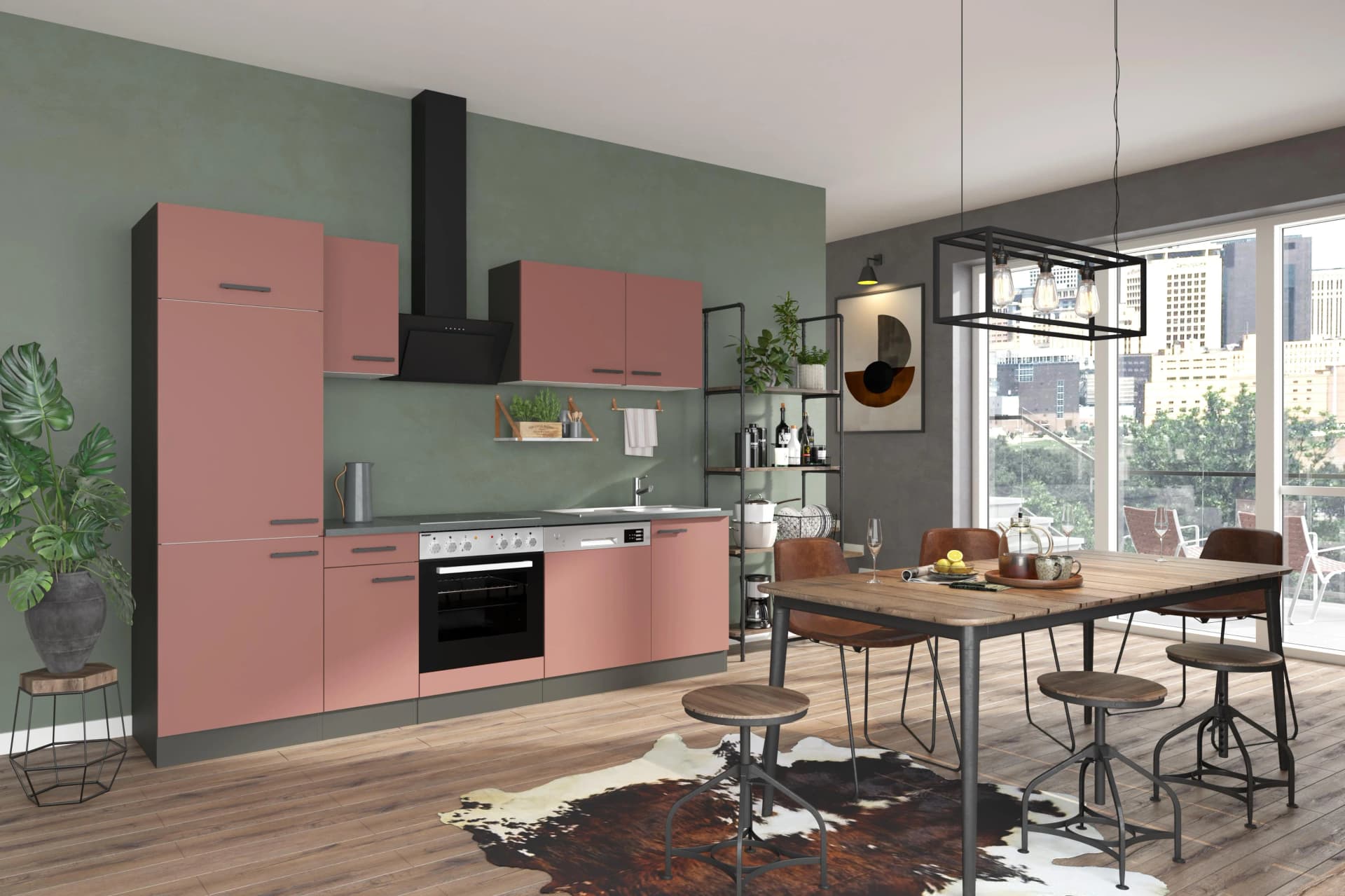Küchenzeile OPTIFIT Palma Rot Anthrazit 270 cm