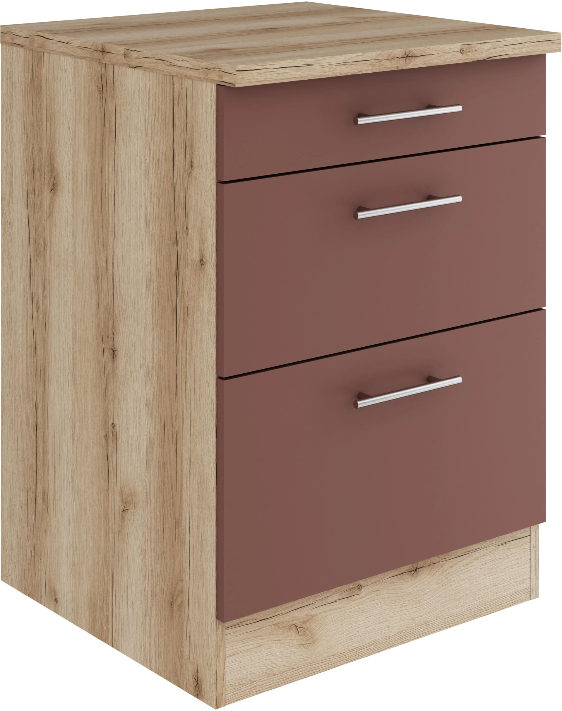 OPTIFIT Bella Unterschrank Rostrot Wildeiche 60cm 3 Schubladen
