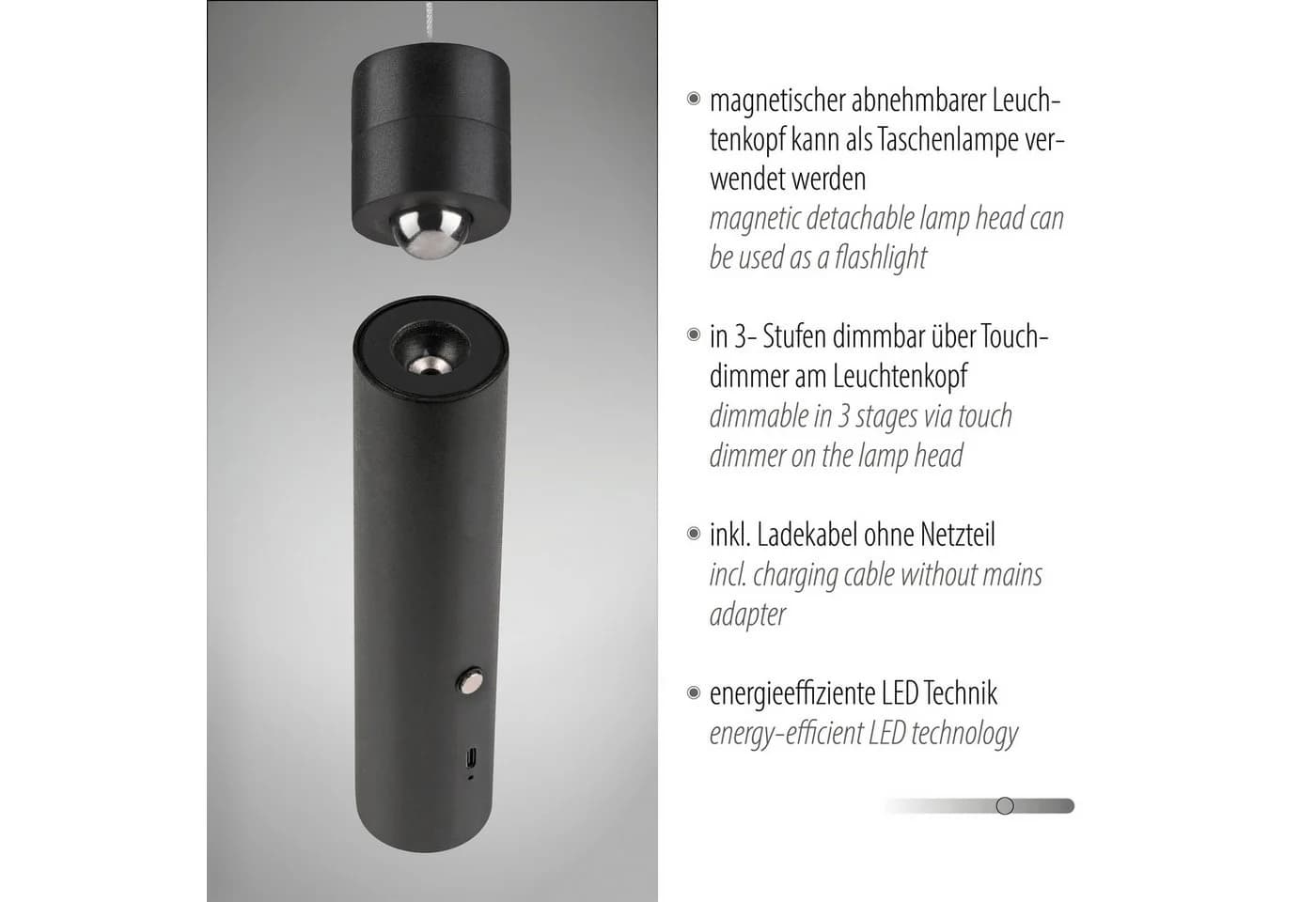 JUST LIGHT Pendelleuchte ATTACH Schwarz LED Akku Dimmbar - Bild 3