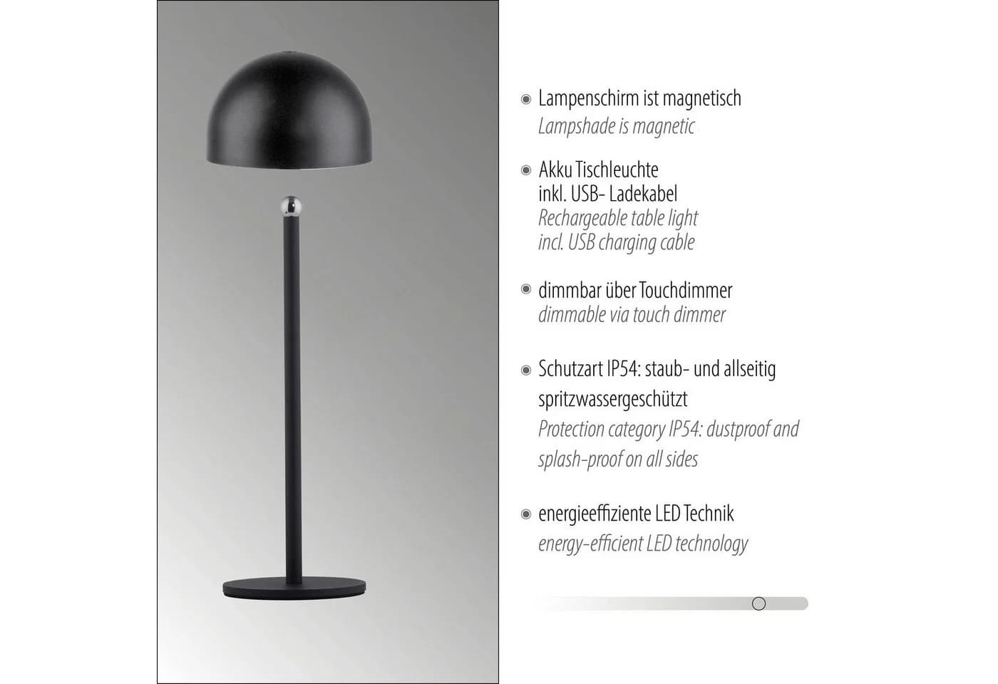 OTTO home Akku Tischlampe Garrin Schwarz Dimmbar IP54 - Bild 4