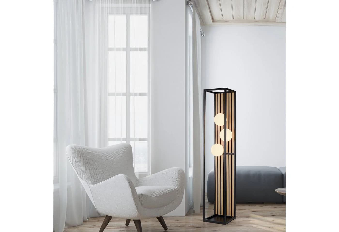 Zeitlose Stehlampe aus Holz und Glas