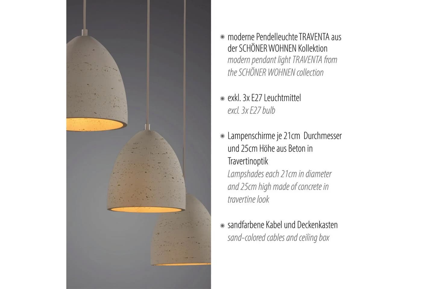 Schöner Wohnen Hängeleuchte Traventa 3-flammig Beige E27 - Bild 5