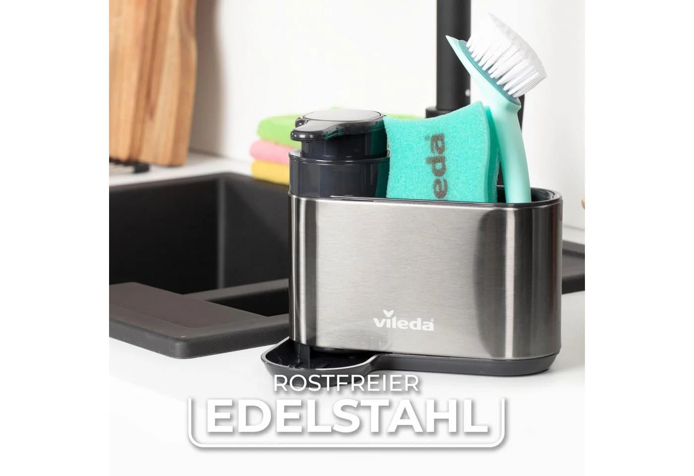 Vileda Küchenorganizer-Set Spülbeckenorganizer mit Seifenspender Edelstahl - Bild 3