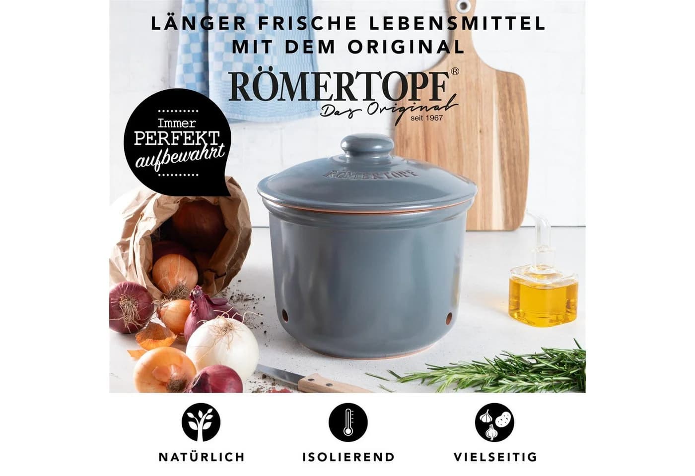 RÖMERTOPF Frische-Topf MAXI Zwiebeln Aufbewahrung Blau-Grau
