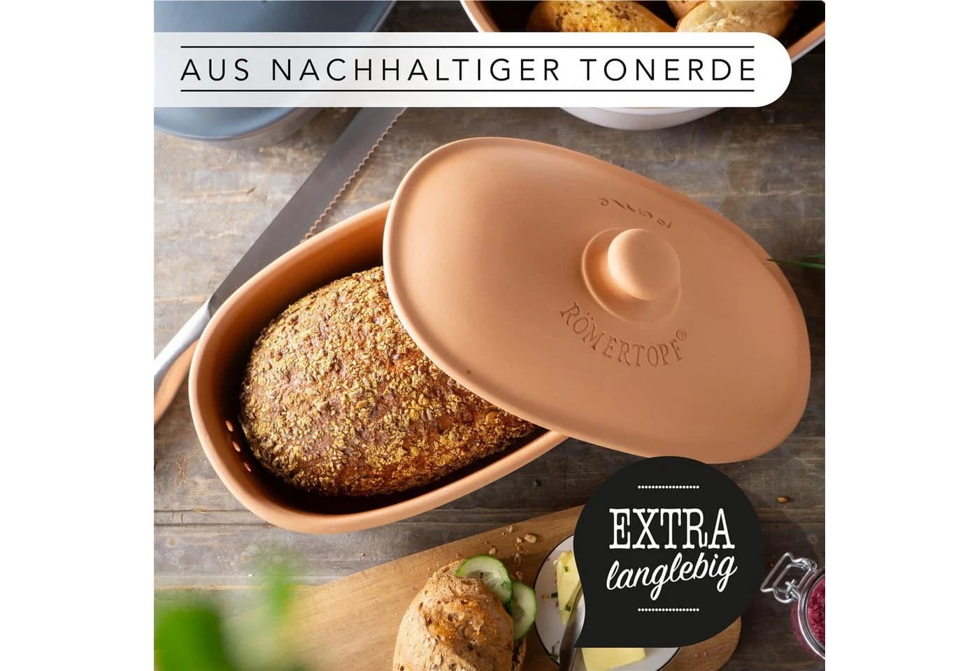 RÖMERTOPF Brottopf oval MEDI 2,3 Liter Keramik Brotkasten Set Naturton - Bild 5