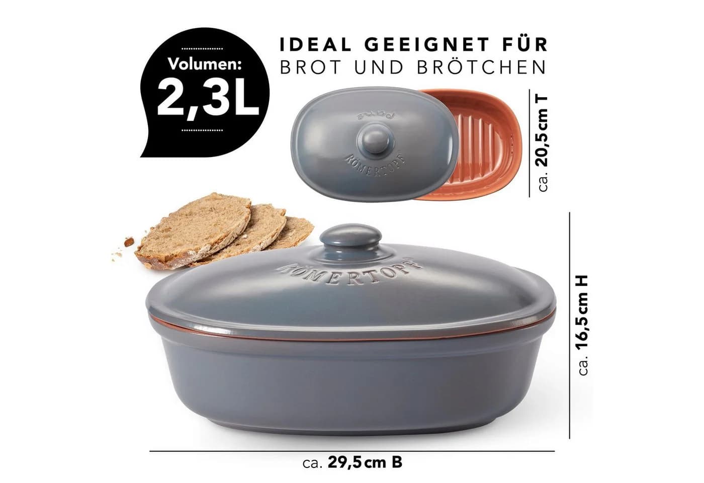 RÖMERTOPF Brottopf oval 2,3 Liter Keramik Grau - Bild 4