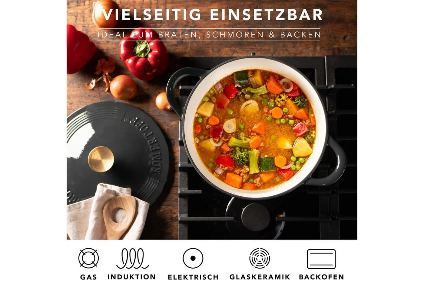 RÖMERTOPF Bratentopf Gusseisen 24cm Schwarz mit Deckel