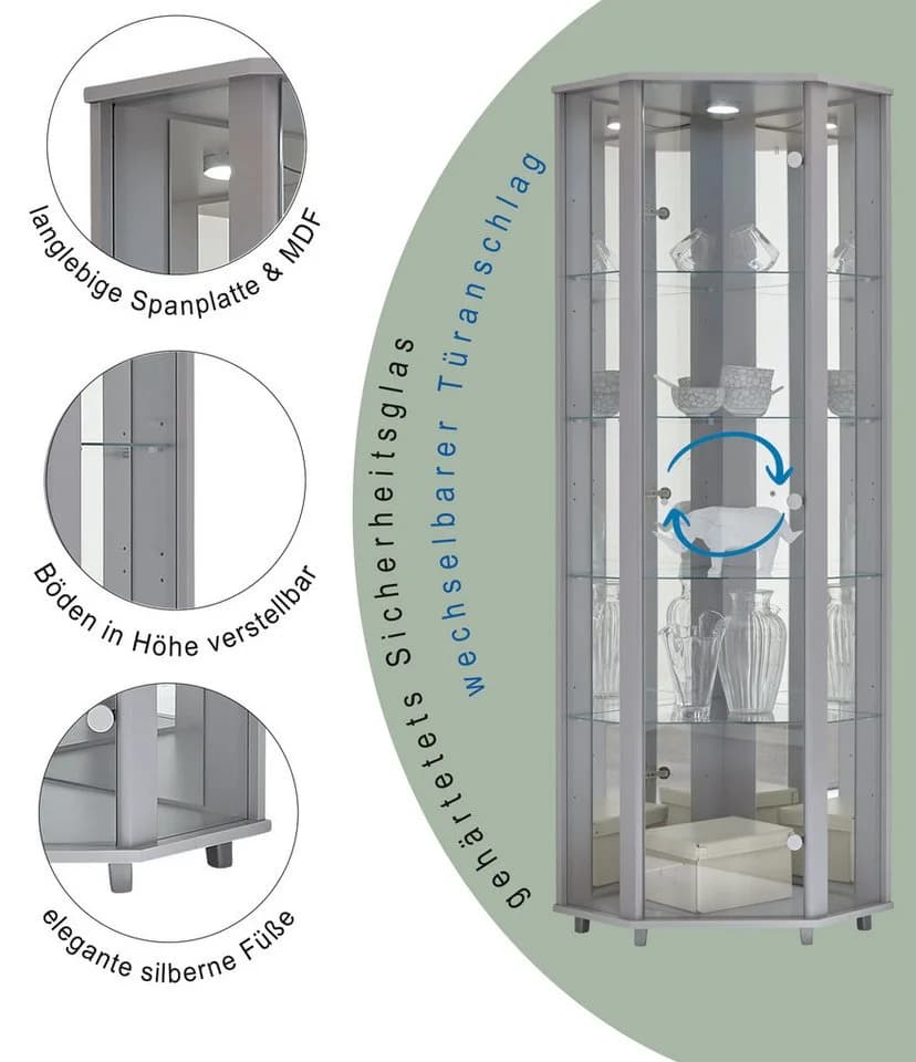 fif möbel Eckvitrine TRIO mit LED-Beleuchtung Silber - Bild 3