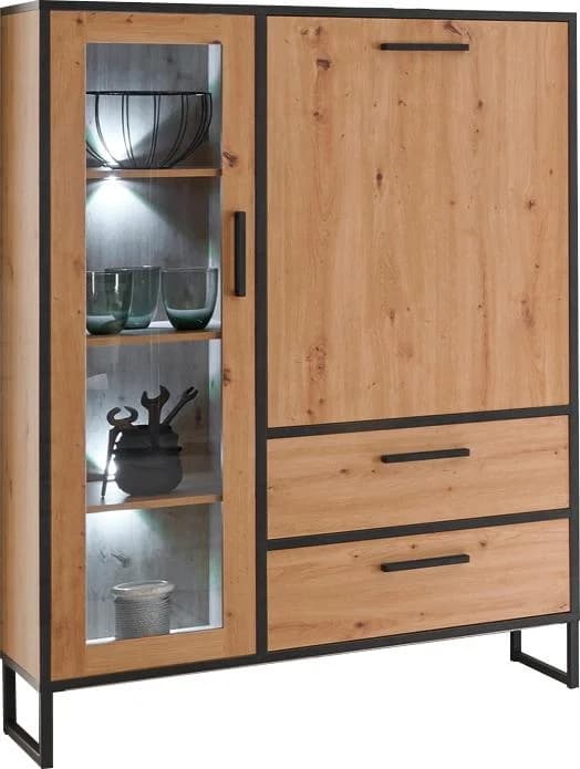 Mäusbacher Highboard Torres Schwarz Asteiche mit Soft-Close Schubladen