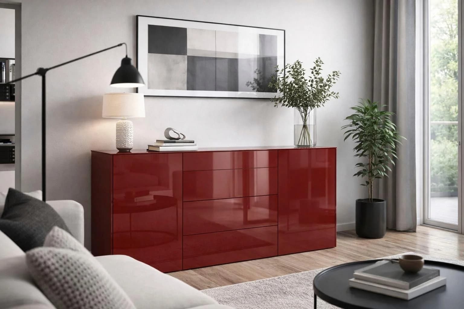MÄUSBACHER Kommode Bordeauxrot Glas Push to Open