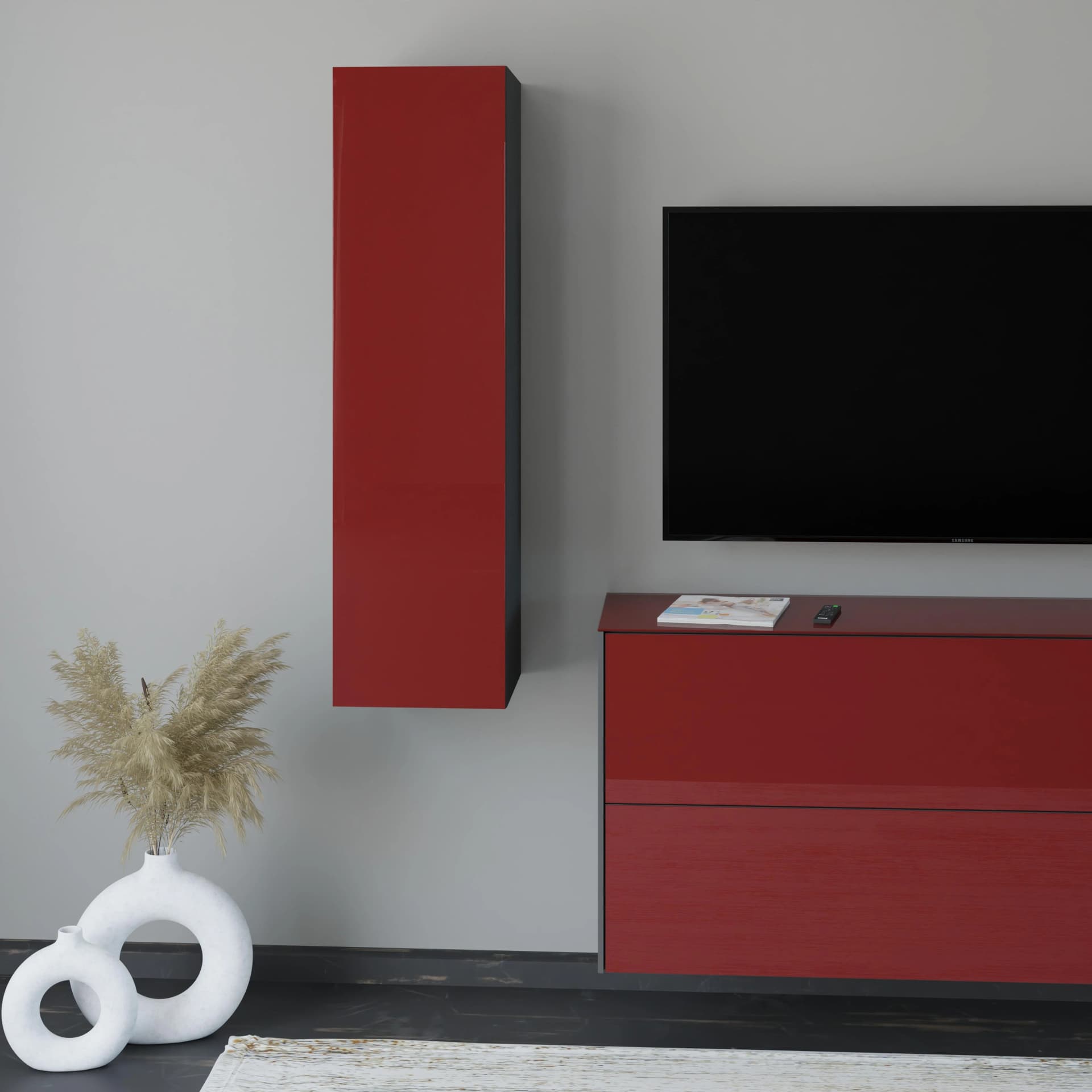 Musterring Hängeschrank Reno Graphit Schwarz Matt Glas Bordeauxrot Glanz
