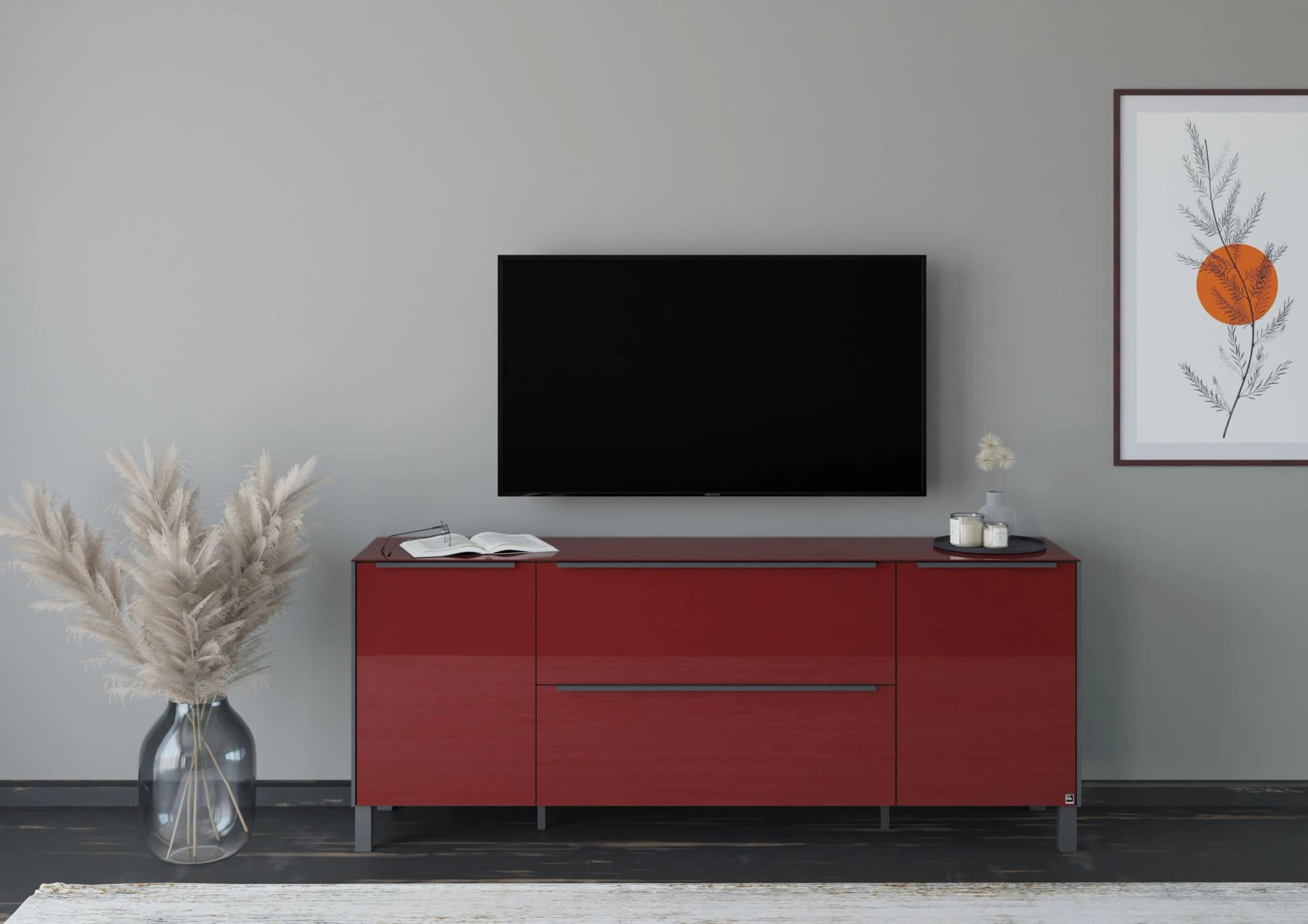 Lowboard Reno Set One by Musterring Graphit Schwarz Glas Bordeauxrot