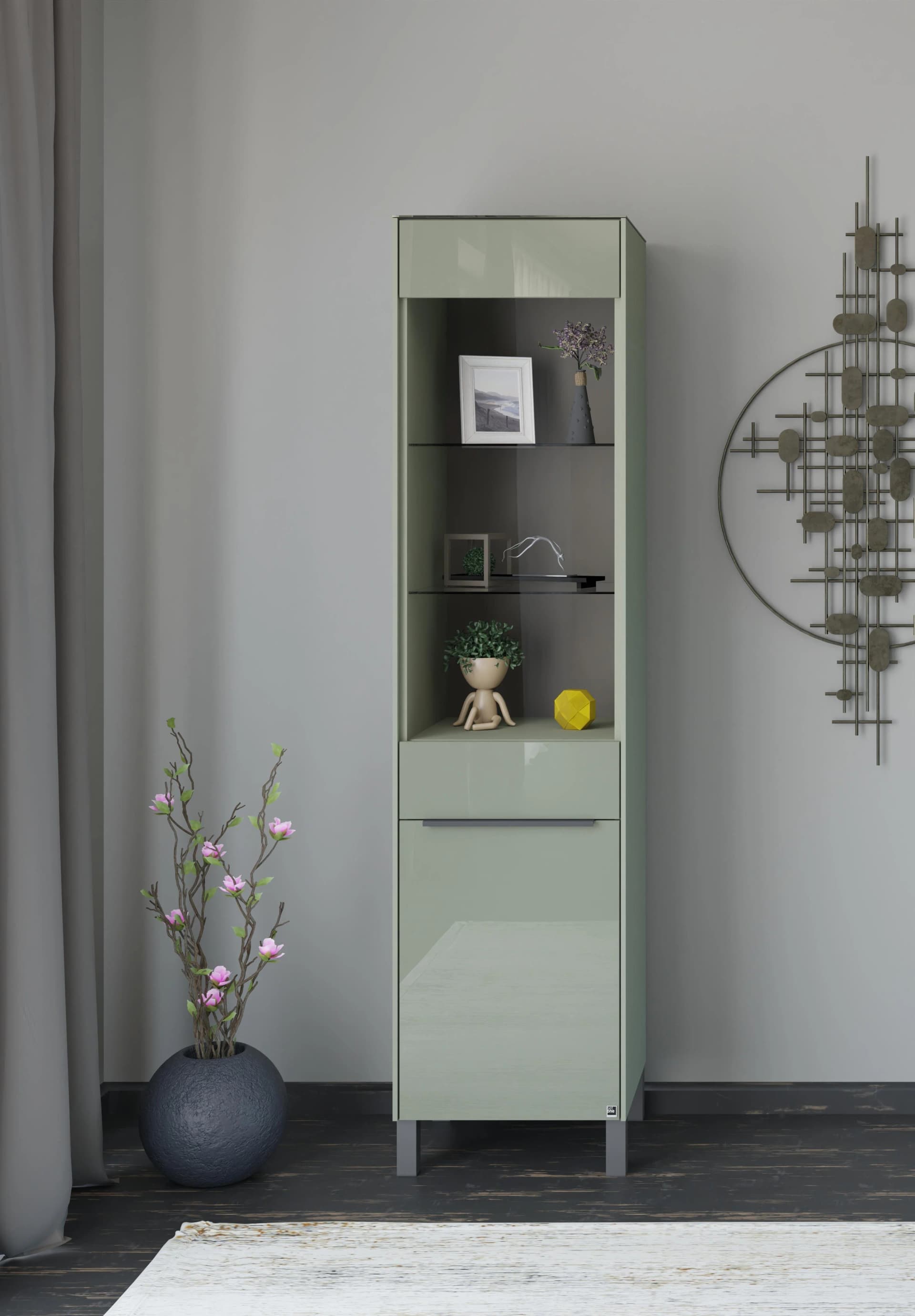 Standvitrine Reno olivgrün matt lack, glänzendes Glas, 197 cm Höhe