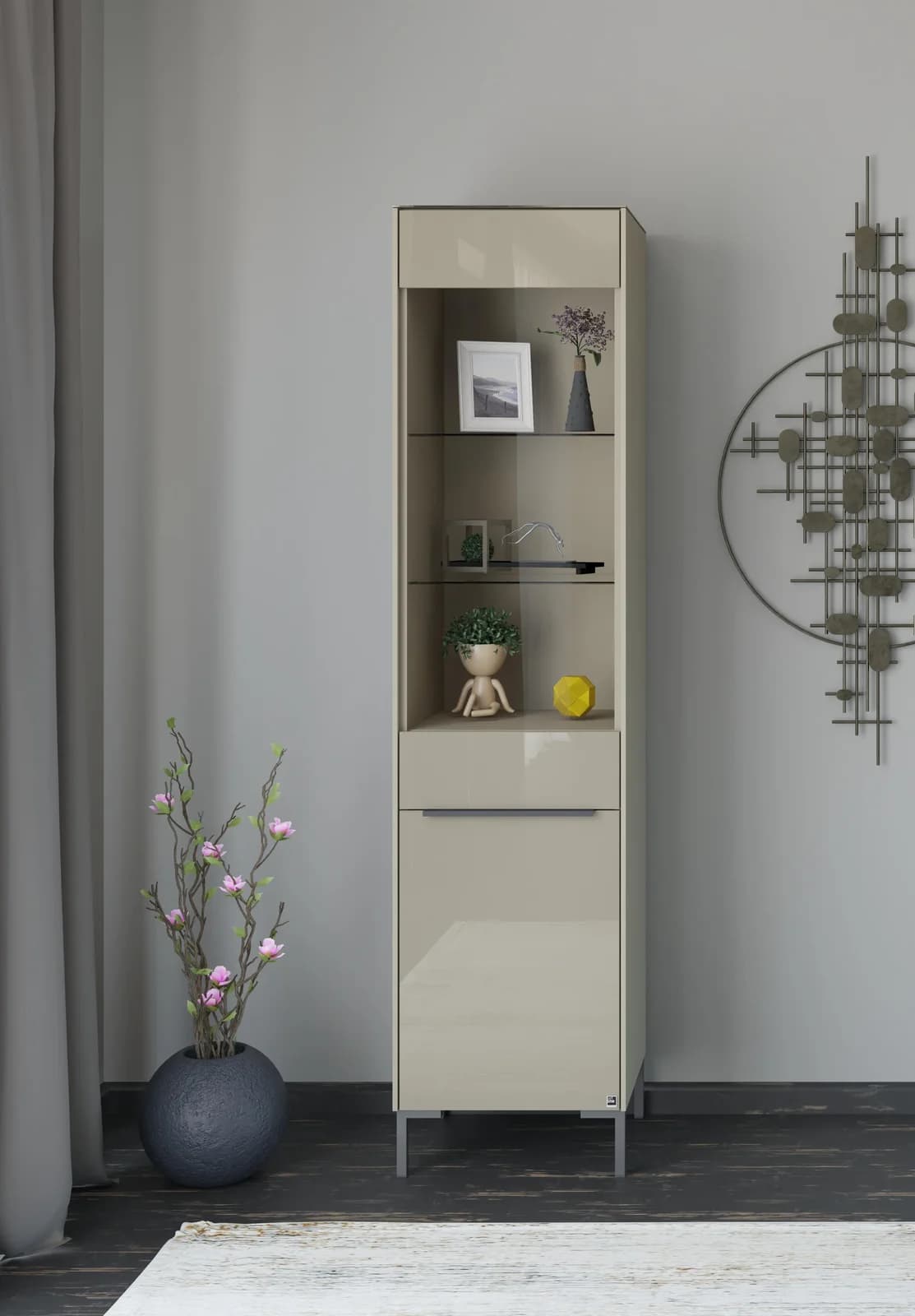 Standvitrine Reno Taupe Matt Lack Glas Taupe Glanz 48x199x42 cm