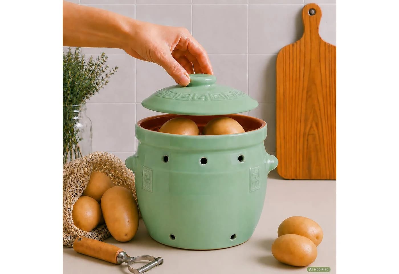 KERAZO Vorratsdose 6,5 Liter Kartoffeltopf Steingut grün - Bild 5