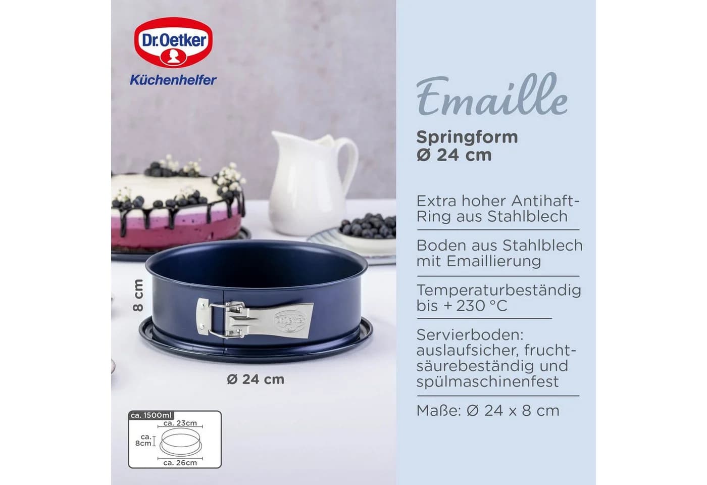 Dr. Oetker Springform Ø 24 cm Emaille-Servierboden Antihaft-Ring Blau - Bild 4