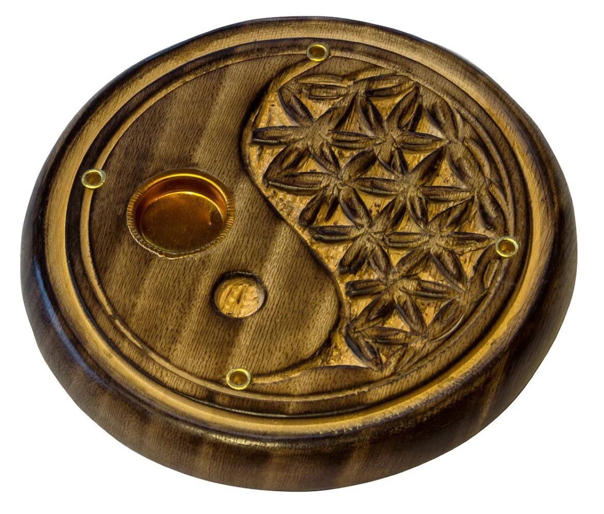 Saraswati Räucherstäbchenhalter Yin Yang Holz rund 10cm