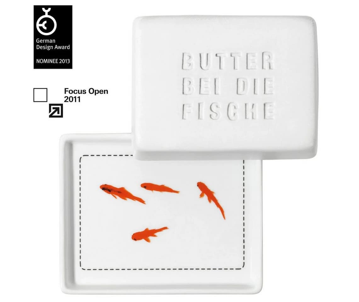 Räder Design Butterdose klein weiß „Butter bei die Fische“