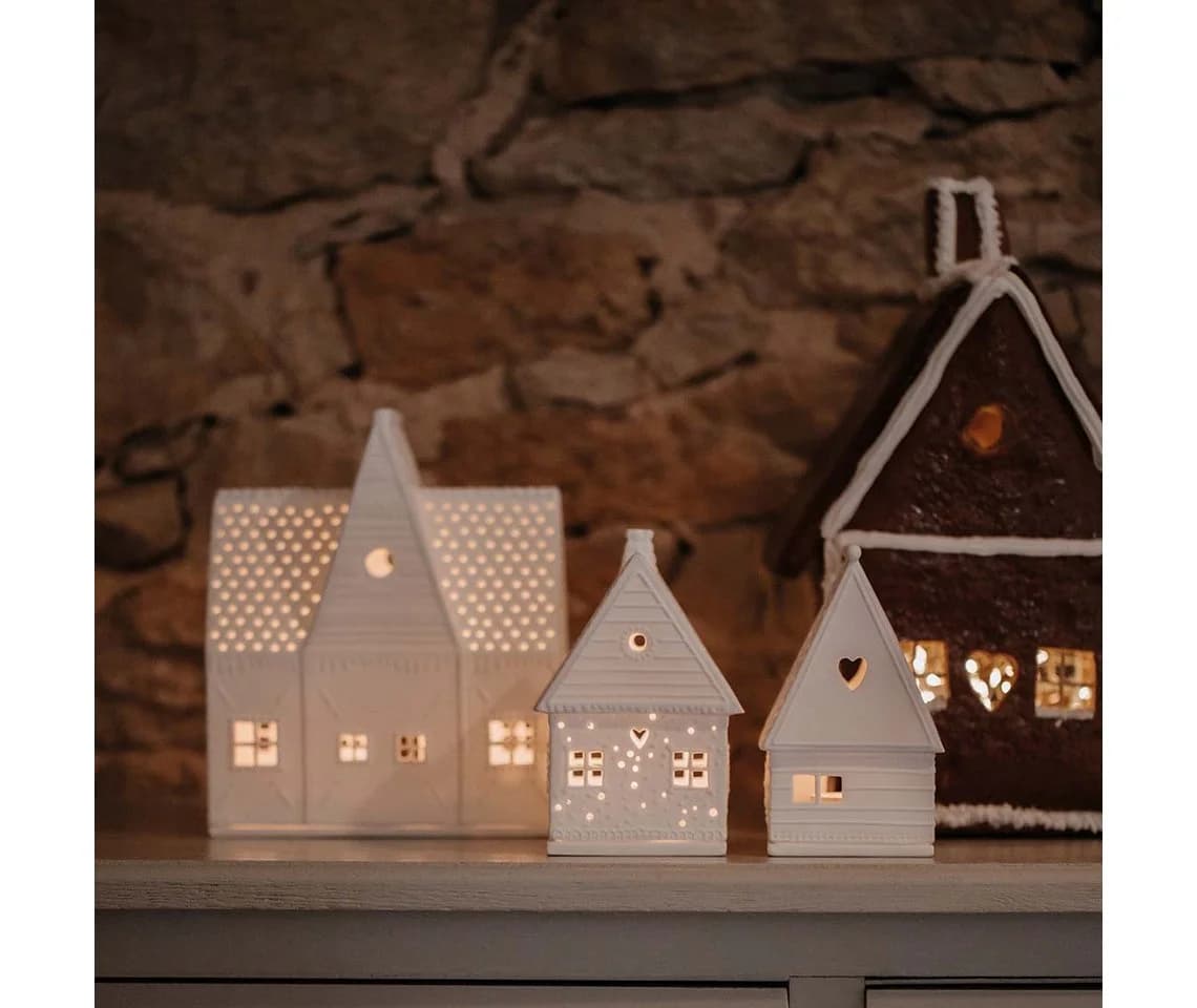 Räder Lichthaus Lebkuchenhaus weiß Porzellan Teelichthalter