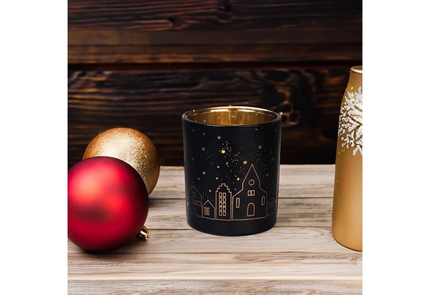 Räder Windlicht Design Teelichthalter Glanzlicht Lichtstadt Schwarz-Gold 10cm