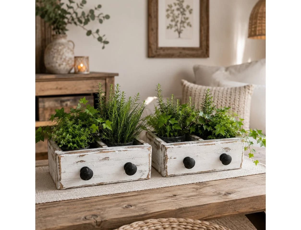 finehomegarden Blumentopf Schublade Holz Weiß 2er-Set Shabby