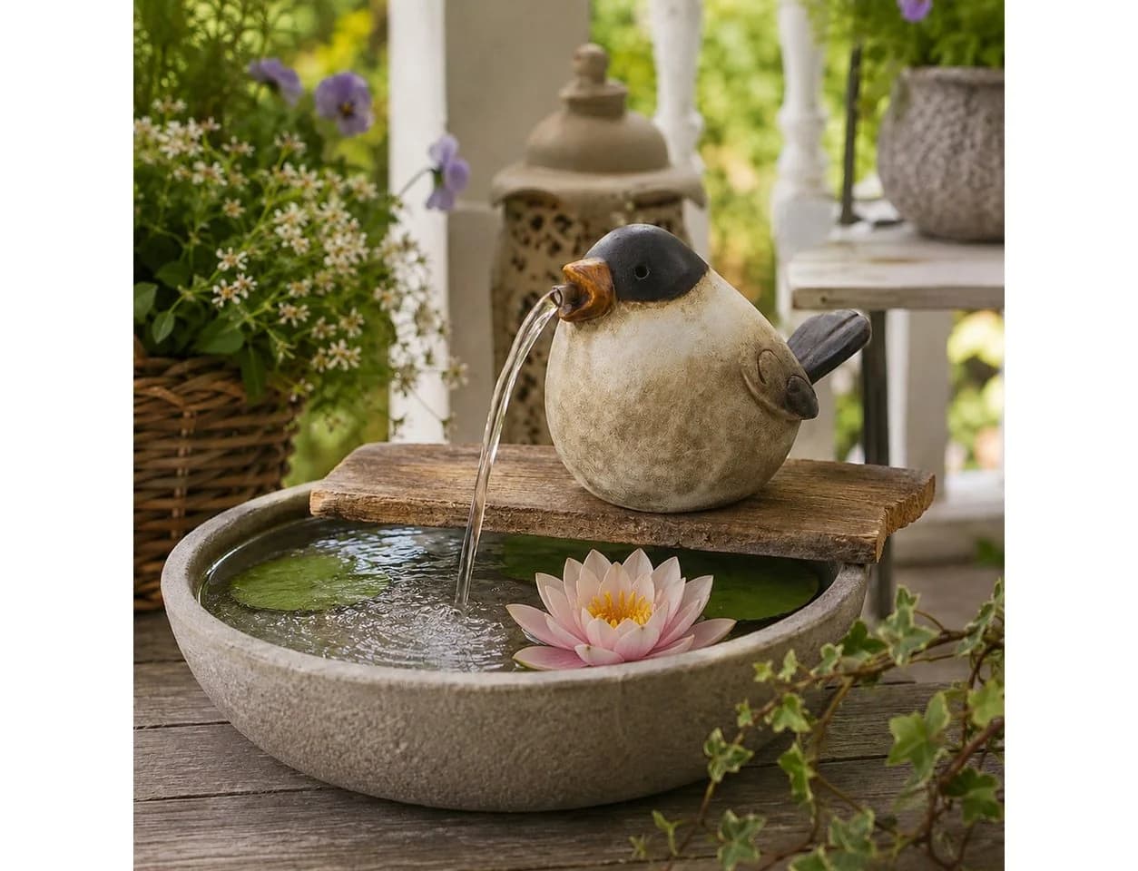 finehomegarden Teichfigur Wasserspeier Vogel Braun-Natur Steinzeug mit Pumpe