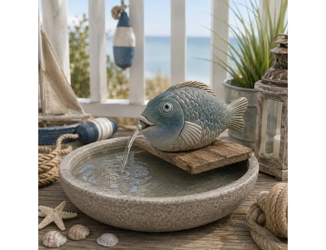 finehomegarden Teichfigur Wasserspeier Fisch blau Steinzeug mit Pumpe
