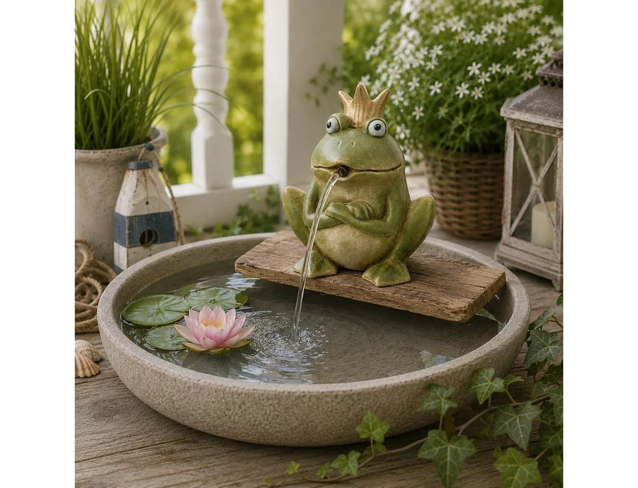 finehomegarden Teichfigur Wasserspeier Frosch grün Steinzeug mit Pumpe