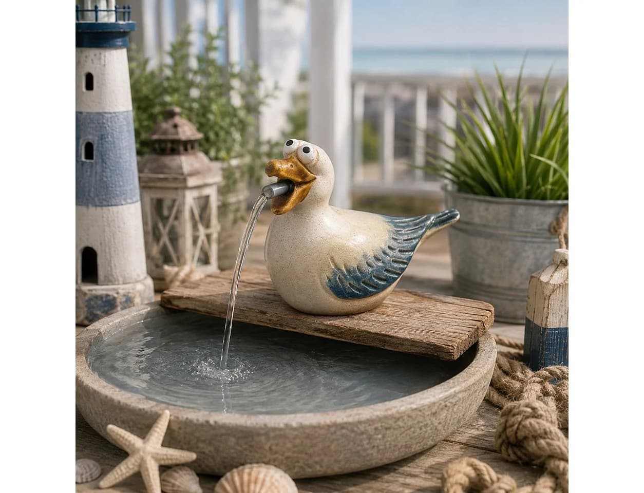 finehomegarden Teichfigur Wasserspeier Möwe blau-natur Steinzeug mit Pumpe