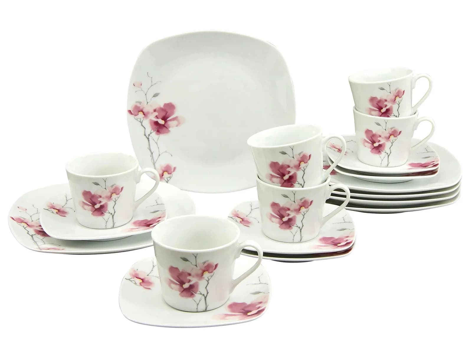 Modernes Kaffeeservice aus Porzellan in Weiß, Pink und Rosa