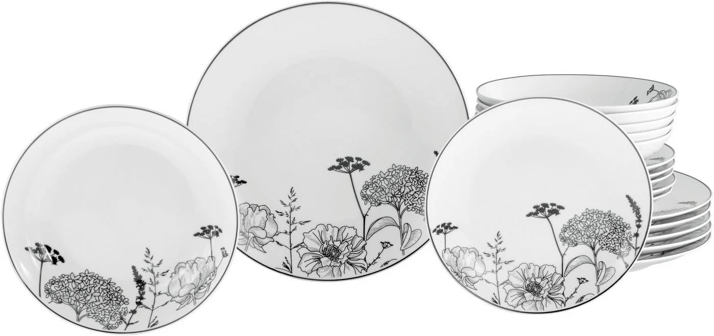 CREATABLE Teller-Set Luna Black Flower 18-tlg. Weiß/Schwarz Porzellan - Bild 2