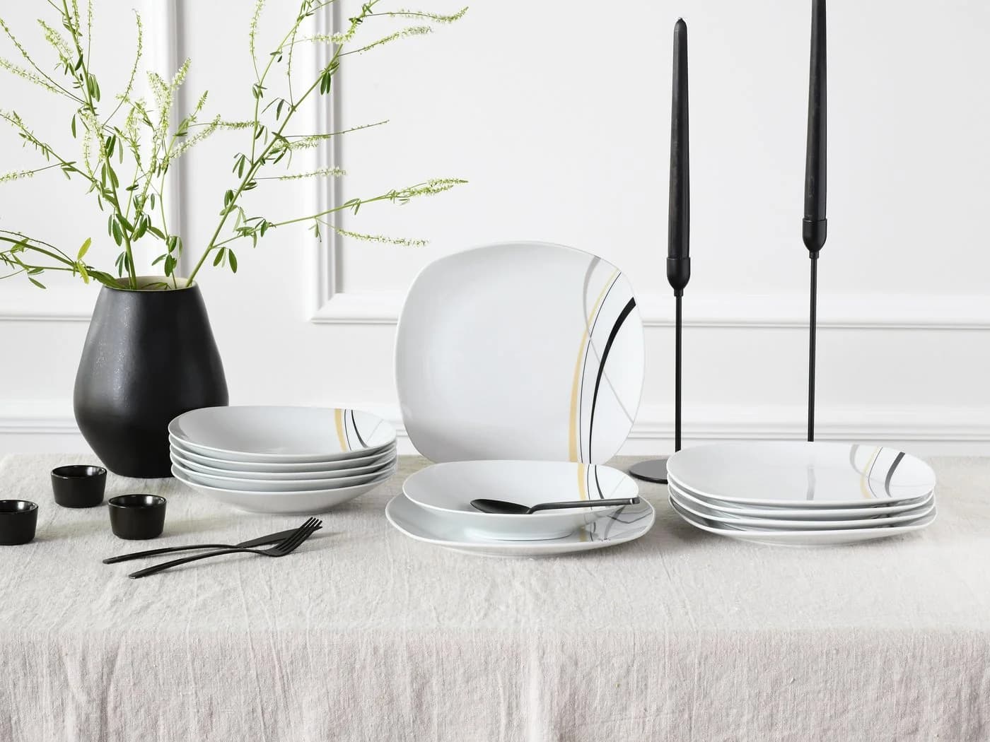 CreaTable Tafelservice Square City Line 12-tlg. Weiß Schwarz Sand