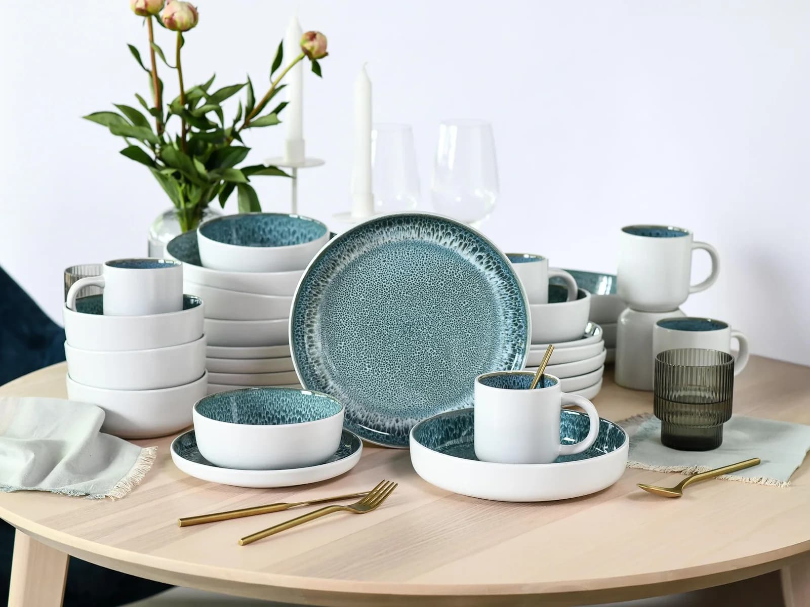 Kombiservice MY HOME Geschirr-Set 30-tlg. Weiß/Eisblau Steinzeug