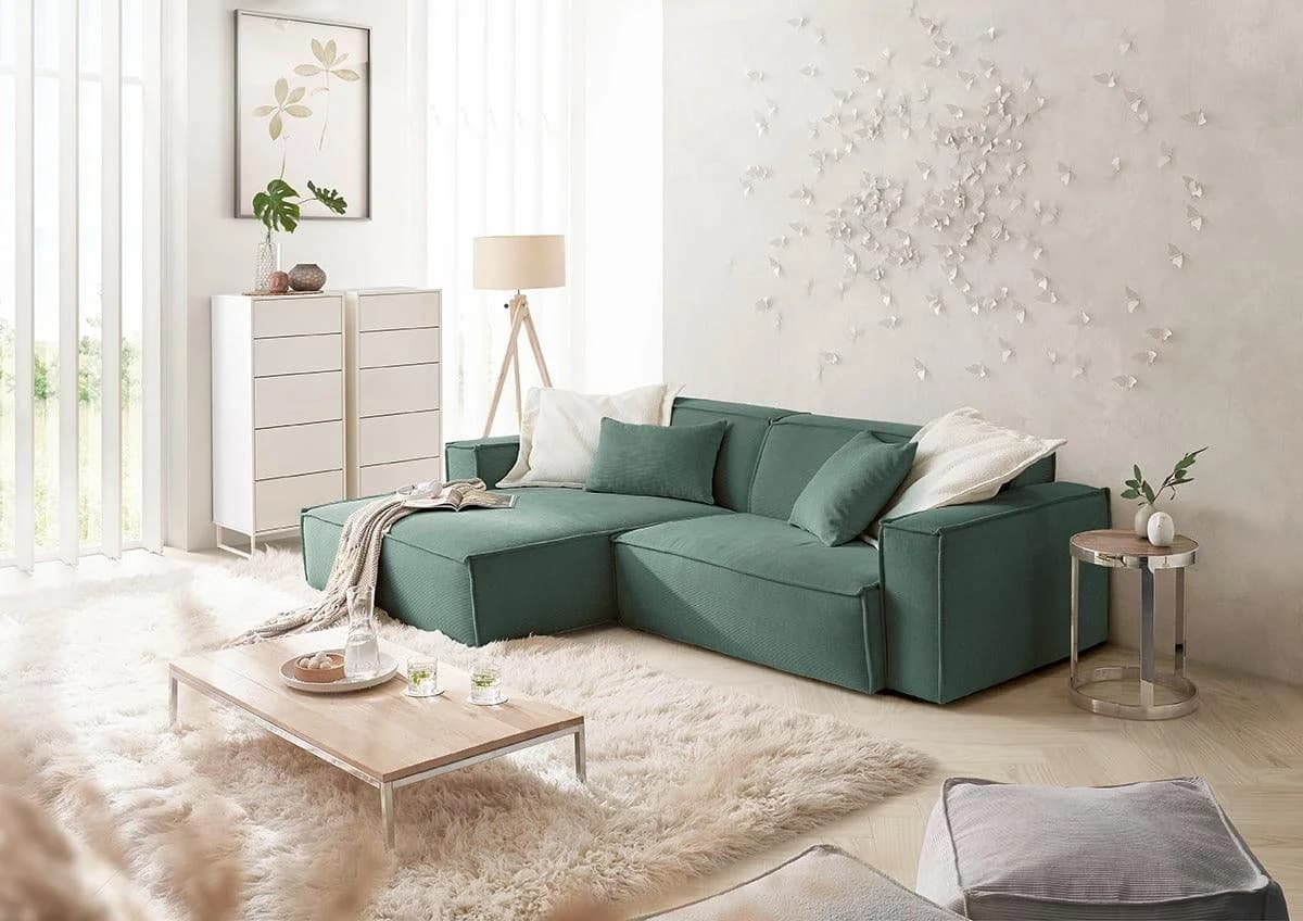 Ecksofa 3C CANDY Matteo Grün L-Form mit Kedernaht