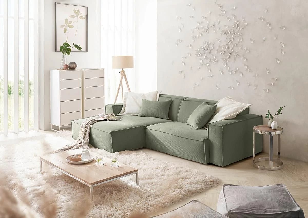 Ecksofa Candy Matteo L-Form Oliv Feincord mit Zierkissen