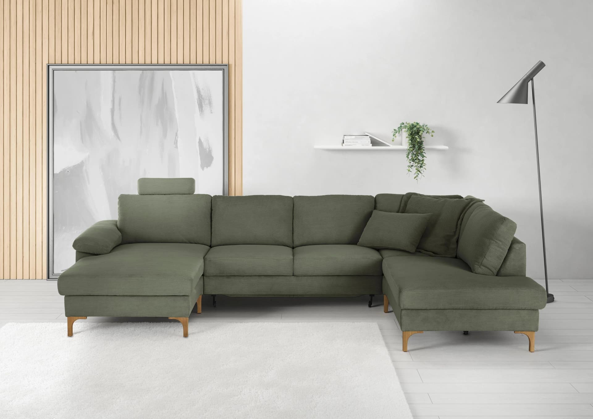 CANDY Wohnlandschaft 3C Lecce U-Form Oliv Feincord mit Bettkasten