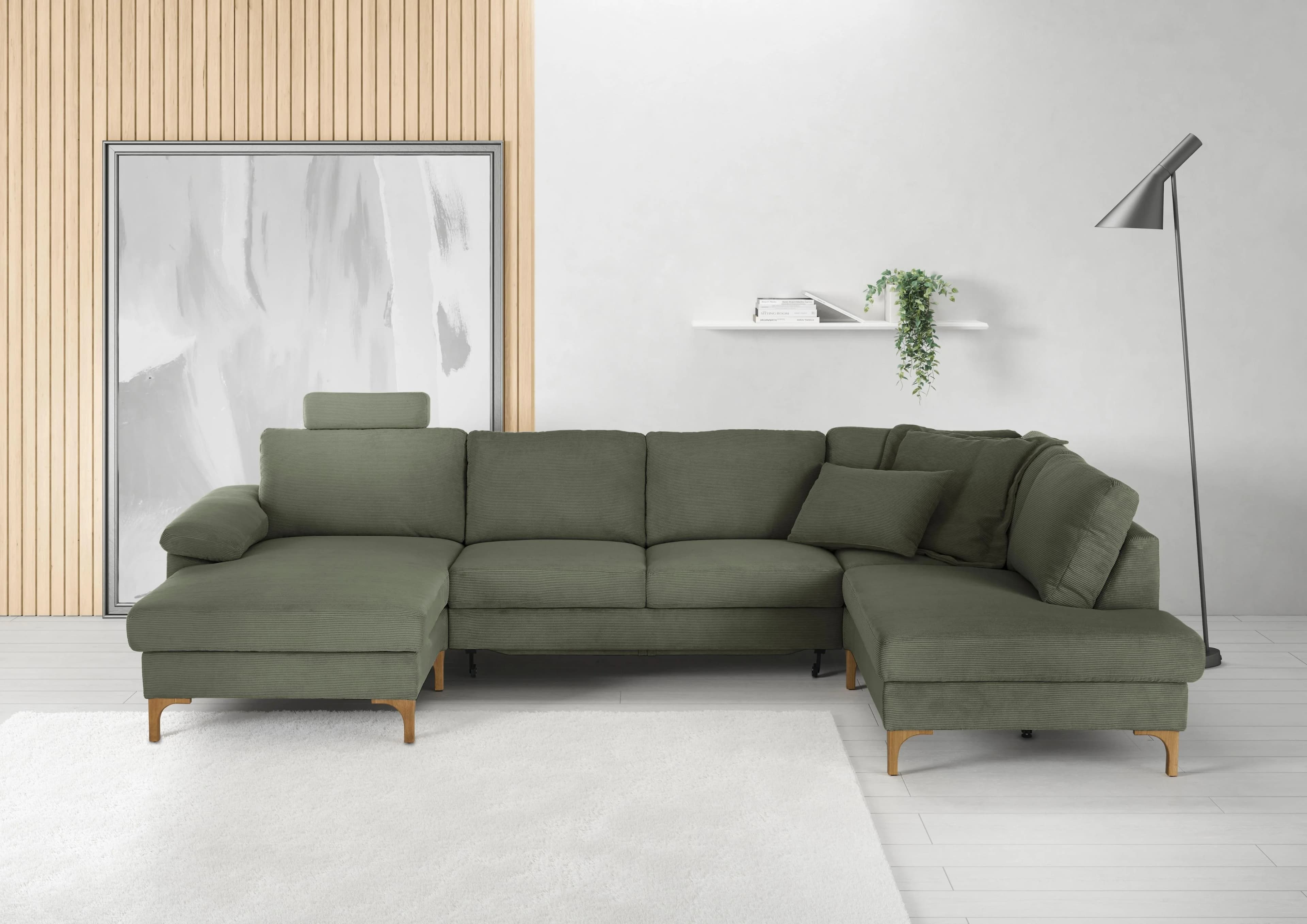 CANDY Wohnlandschaft 3C Lecce U-Form Oliv Feincord mit Bettkasten